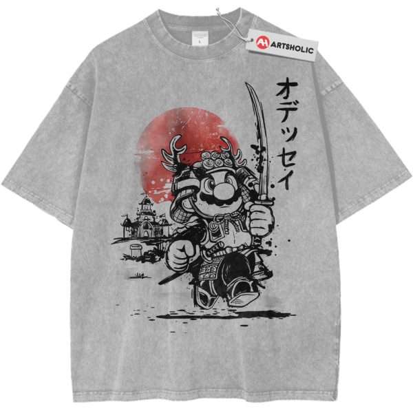 Samurai Super Mario Shirt, Game Shirt, Vintage Tee - Light Gray, XL