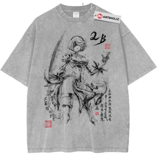 2B Shirt, NieR:Automata Shirt, Game Shirt, Vintage T-Shirt - Light Gray, XL