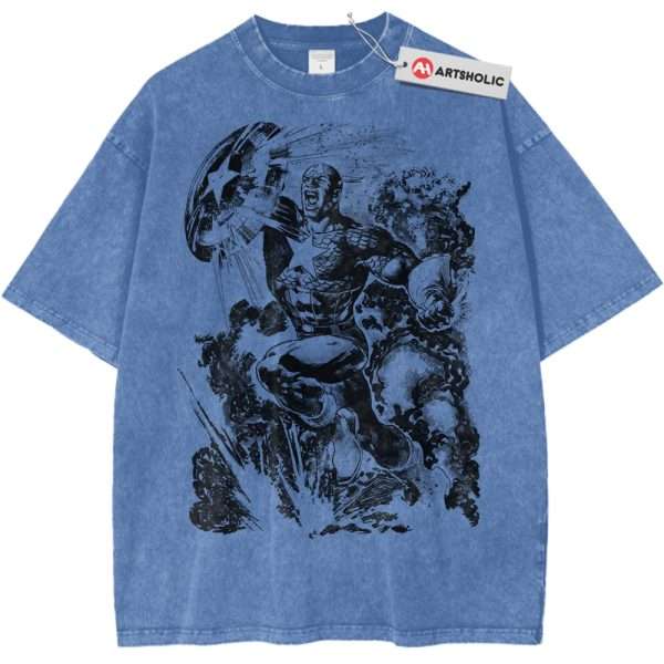 Captain America Shirt, Marvel Comics Shirt, Vintage Tee - Light Blue, S