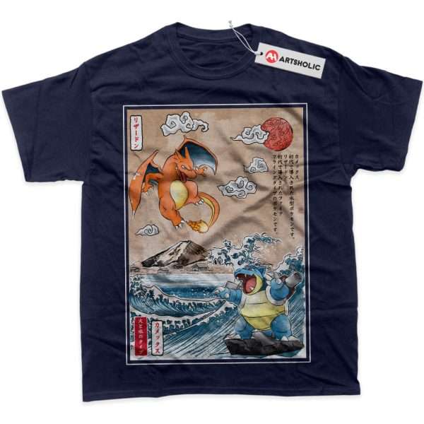Charizard vs Blastoise Shirt, Pokemon Shirt, Anime Shirt, Graphic T-Shirt - Navy, L