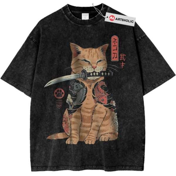 Samurai Orange Cat Shirt, Animal Lover Shirt, Vintage T-Shirt