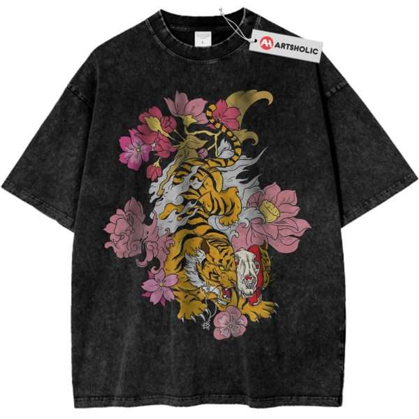 Tiger and Sakura Shirt, Japanese Tattoo Shirt, Animal Shirt, Vintage T-Shirt