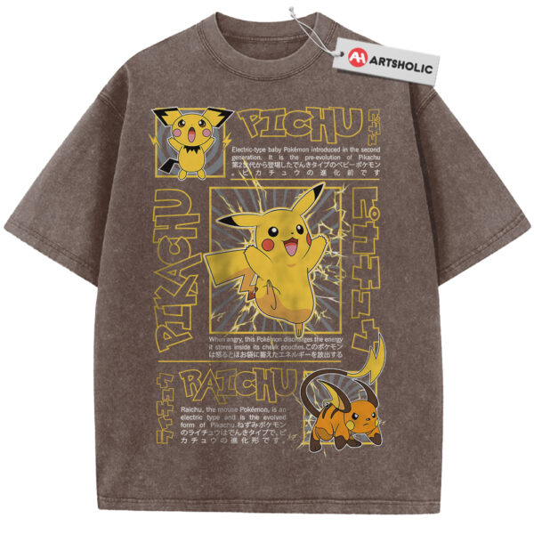 Pikachu Shirt, Raichu Shirt, Pichu Shirt, Pokemon shirt, Anime Shirt, Vintage T-Shirt - Coffee, L